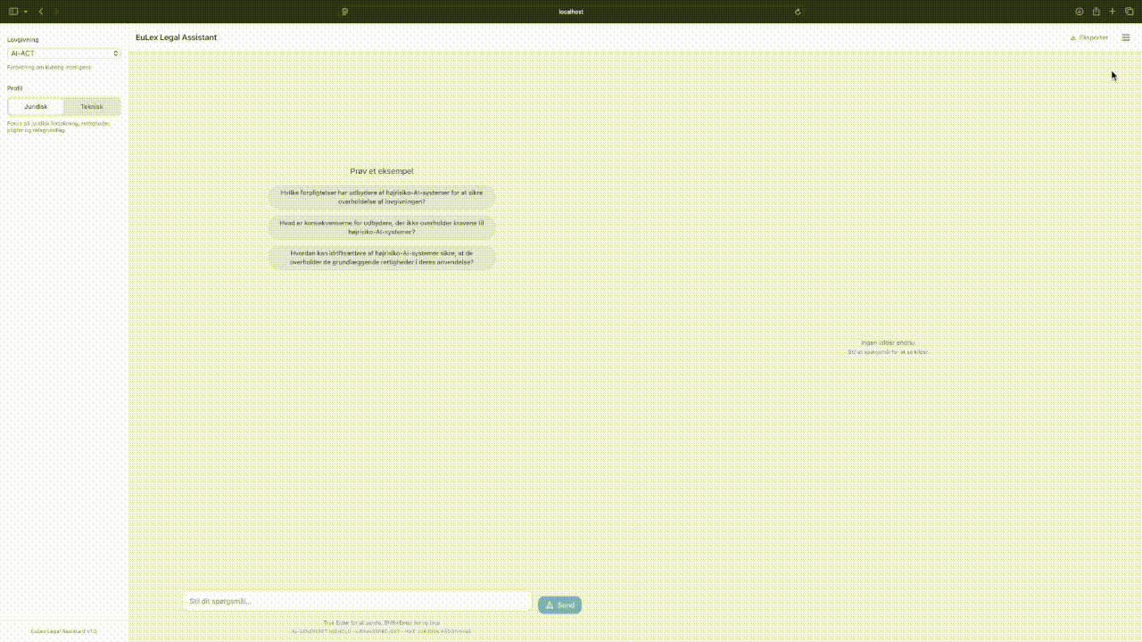 Admin panel browsing EUR-Lex, running preflight checks, ingesting new legislation