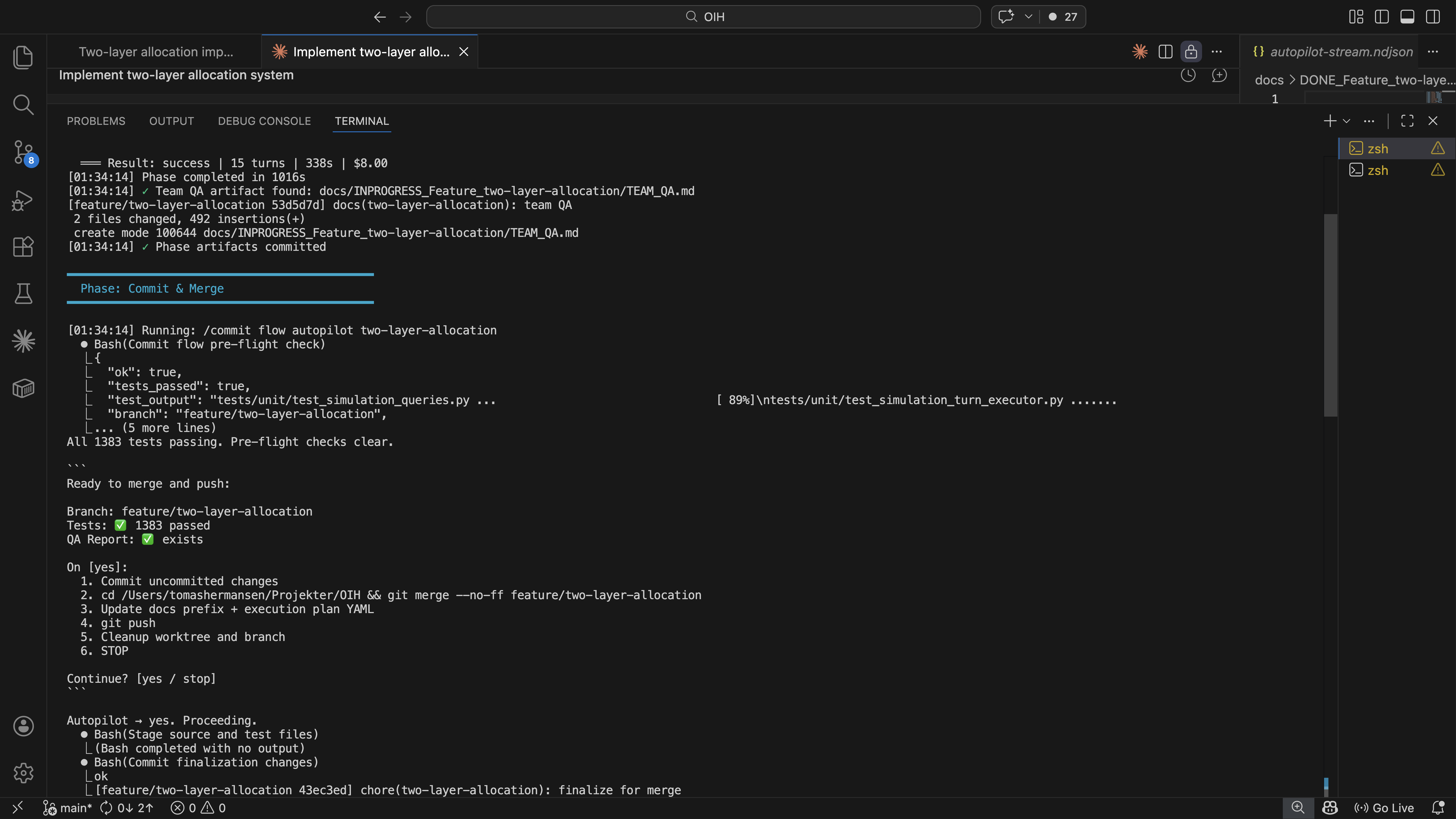 Terminal showing autopilot commit phase: 1383 tests passing, pre-flight checks clear, merge to main, and autopilot auto-approving the checkpoint